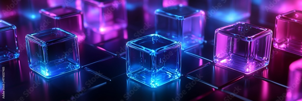 Poster abstract futuristic background with cubes in space, glowing and sparkling elements