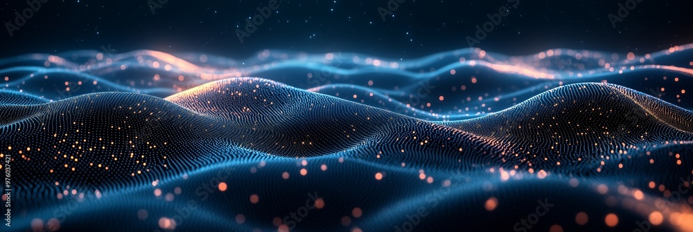Poster abstract background with dark blue waves and glowing hexagons forming an interconnected network of l
