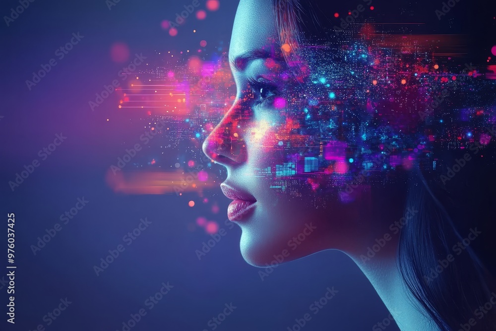 Poster digital portrait of a woman with glitching pixels symbolizing the intersection of human thought and 