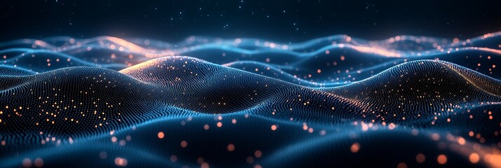 Obraz premium Abstract background with dark blue waves and glowing hexagons forming an interconnected network of lines