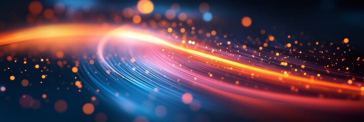 Abstract background with glowing waves of digital data and particles on dark blue