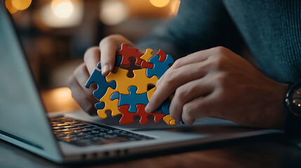 Businessman use laptop with jigsaw icon for solution and leadership strategies concept,social media native, ad, advertisers, sales, Digital marketing,Businessman use laptop with advertising on website