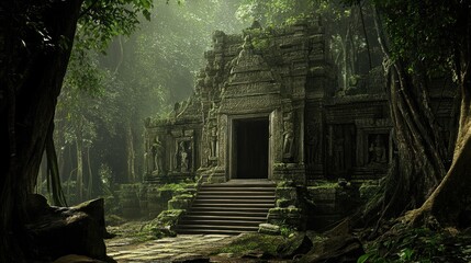 Fototapeta premium Moss-covered ancient temple ruins surrounded by dense jungle trees, with atmospheric mist and soft sunlight filtering through the foliage.