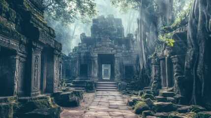 Moss-covered ancient temple ruins surrounded by dense jungle trees, with atmospheric mist and soft sunlight filtering through the foliage.