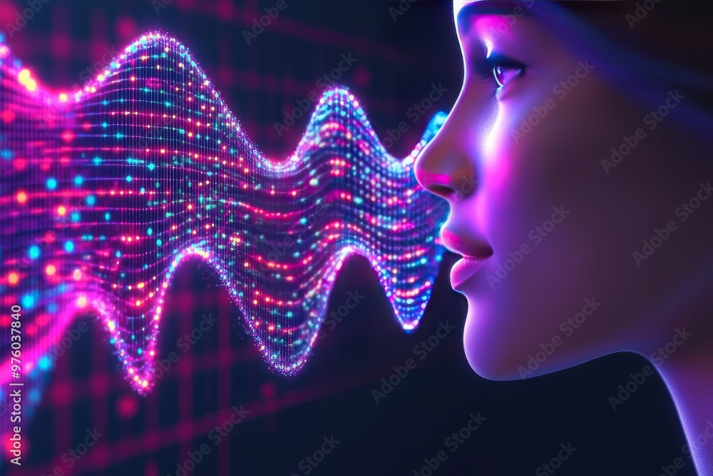 Poster two futuristic profiles connected by a stream of digital waves symbolizing communication technology 