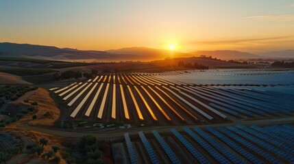 A vast solar farm in a rural landscape, capturing the early morning sunlight at sunrise, symbolizing renewable energy and sustainable technology in harmony with nature.