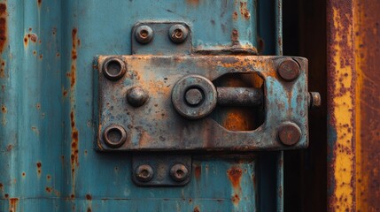 Detailed close-up of a rusted metal latch on a weathered blue and yellow container, showcasing aged textures, corrosion, and industrial decay.