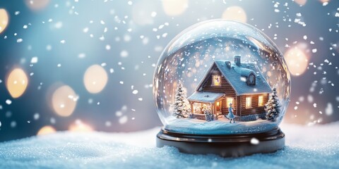 Boule de neige avec chalet illuminé et sapins sous la neige