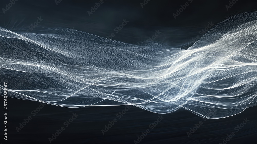 Poster pulsing lines of light stretching across a dark background, creating a sense of movement.