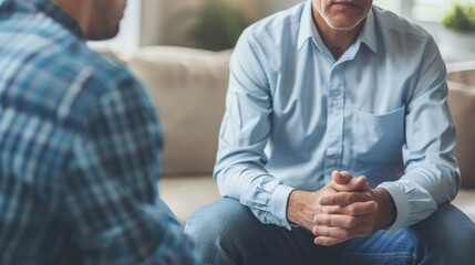 Close-up of two men sitting on a couch, hands clasped, engaging in a serious discussion, creating a supportive and reflective atmosphere.