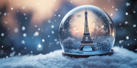 Boule de neige avec la Tour Eiffel sous un paysage enneigé