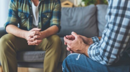 Close-up of two men sitting on a couch, hands clasped, engaging in a serious discussion, creating a supportive and reflective atmosphere.