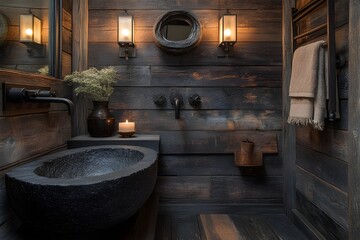 luxury bathroom interior design with bathtub, Modern, Elegance, Stylish Mid-Century Bathroom Design with Dark Aesthetic, architecture design, real estate housing project design