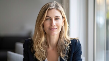 Close-up portrait of a confident blonde woman in business attire, smiling while sitting near a bright window in a professional setting.