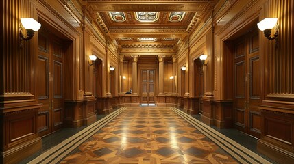 Ornate Hallway with Intricate Woodwork and Geometric Flooring