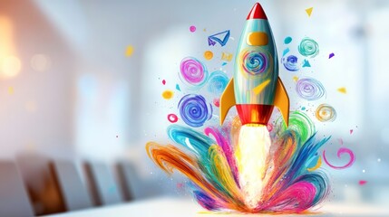 Rocket made of colorful swirling ideas, launching from a business conference table, start-up concept, launching creative ideas