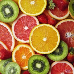 Close-up of vibrant, fresh slices of citrus fruits, kiwi, and strawberries, highlighting their...