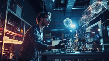A scientist in glasses intensely observes an experiment in a high-tech laboratory, surrounded by advanced scientific equipment and blue lighting.
