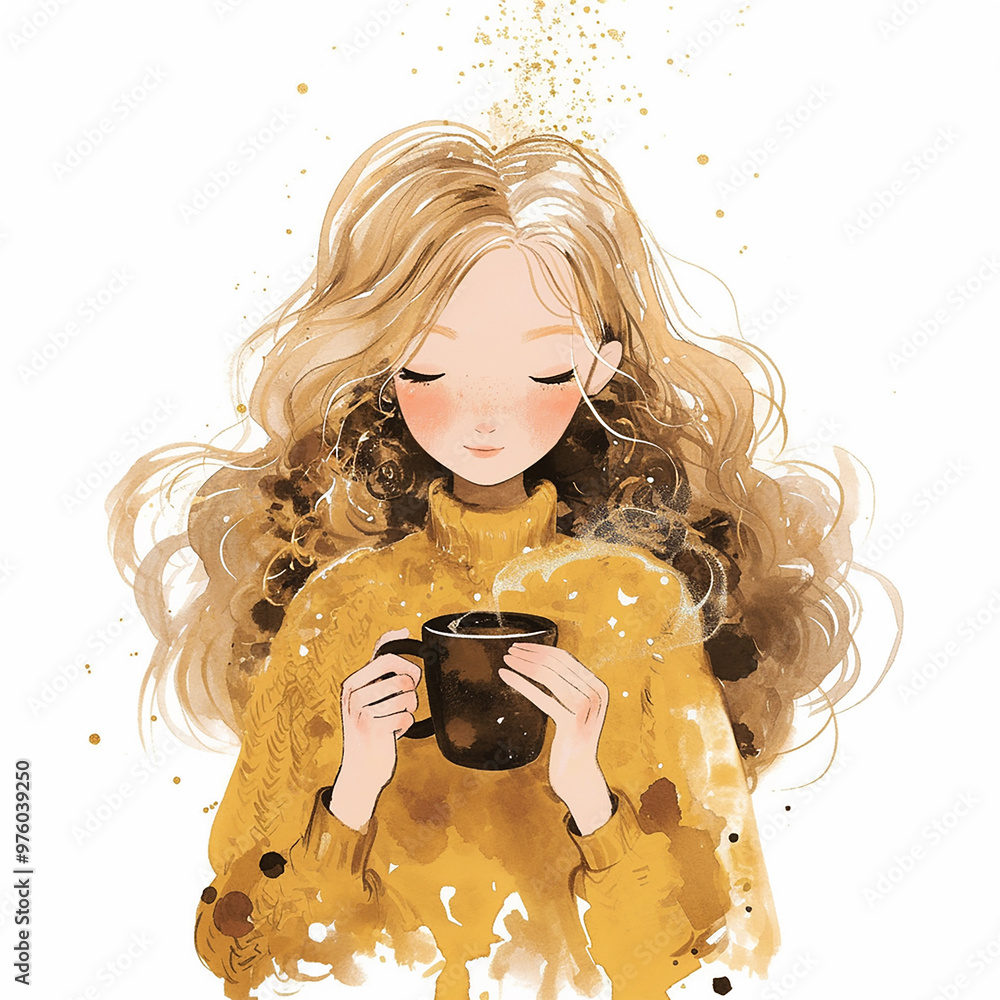 Canvas Prints A girl with long blonde hair is sitting at a table with a cup of coffee. She is enjoying her coffee and is looking relaxed. Concept of comfort and warmth