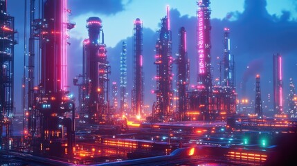 Fototapeta premium A futuristic refinery or chemical plant illuminated by glowing red and neon lights, showcasing large industrial towers against a dark sky.