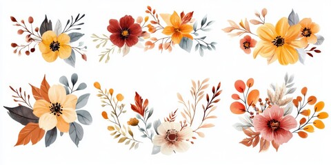 Experience autumns beauty with our stunning floral arrangements featuring vibrant leaves, flowers, and wildflowers. Perfect for invitations, elegant cards, and enhancing your home decor this season