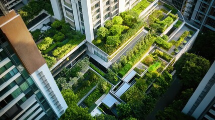 A view of modern skyscrapers incorporating greenery, showcasing sustainable architecture with vertical gardens in an urban setting filled with trees.