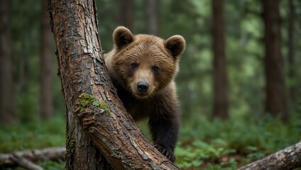 Fototapeta na wymiar Brown bear cub climbing a log in the forest.