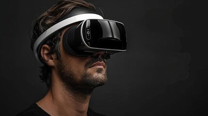 VR headset, technology. 3d render of the man, wearing virtual reality glasses on black background. VR games. You will also find a EPS 10 for this image in my portfolio. Thanks for watching