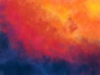 A painting of a colorful sky with clouds and a red and blue background