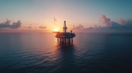A dramatic view of an offshore oil rig silhouetted by the setting sun, with calm waters reflecting the golden light, highlighting the energy industry.