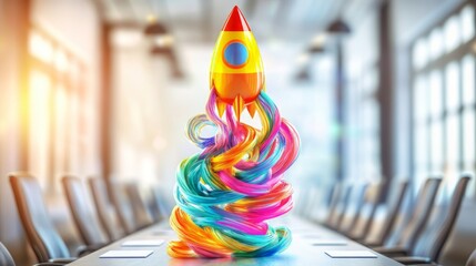 Rocket made of colorful swirling ideas, launching from a business conference table, start-up concept, launching creative ideas