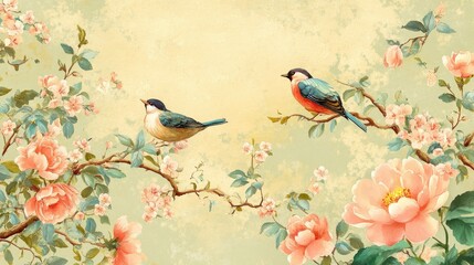 Two blue and red birds perched on a branch with pink flowers and leaves on a light green background.