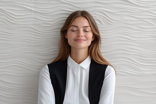 Woman smiling peacefully with closed eyes symbolizing joy relaxation and inner contentment in a calm reflective setting