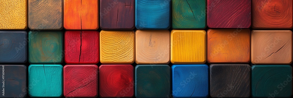 Poster colorful wooden cubes background. abstract color block pattern