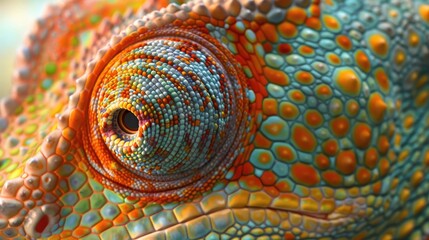 Naklejka premium A detailed macro shot of a colorful chameleon's eye and textured scales, showcasing its vibrant patterns and intricate skin structure.