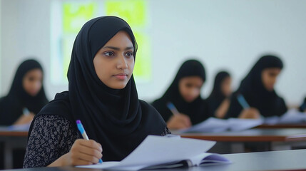 Young Arab girl in a hijab writes attentively in a classroom, focused on her work. Other students are visible in the background, creating a studious atmosphere