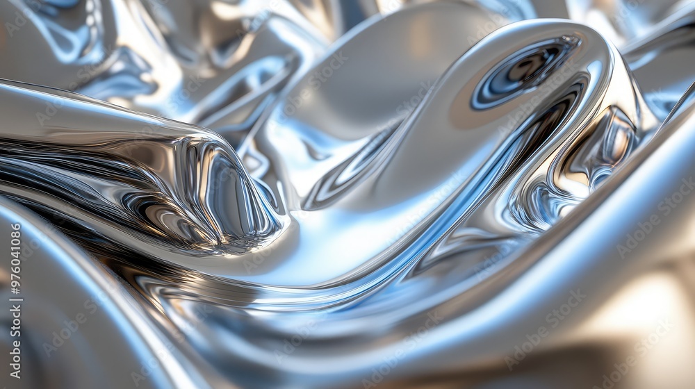 Poster smooth metallic surfaces shifting and warping to create abstract reflections.