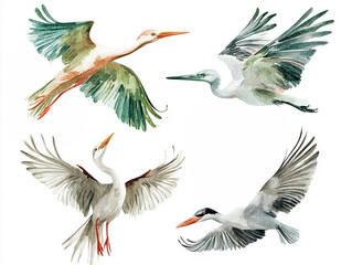 Obraz premium Four birds flying in the sky, cranes. The birds are in different positions and sizes, with one being larger than the others. Concept of freedom and movement