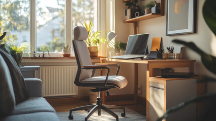 Ergonomic work-from-home setup with a comfortable office chair, laptop stand, and adjustable height desk for optimal posture