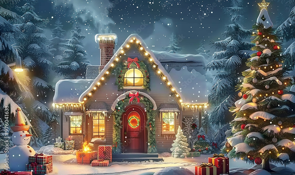 Poster a snow-covered house with a red door and a snowman standing in front of it. the house is decorated w