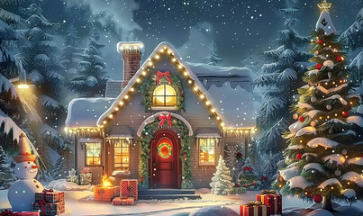 Fototapeta premium A snow-covered house with a red door and a snowman standing in front of it. The house is decorated with Christmas lights and a Christmas tree