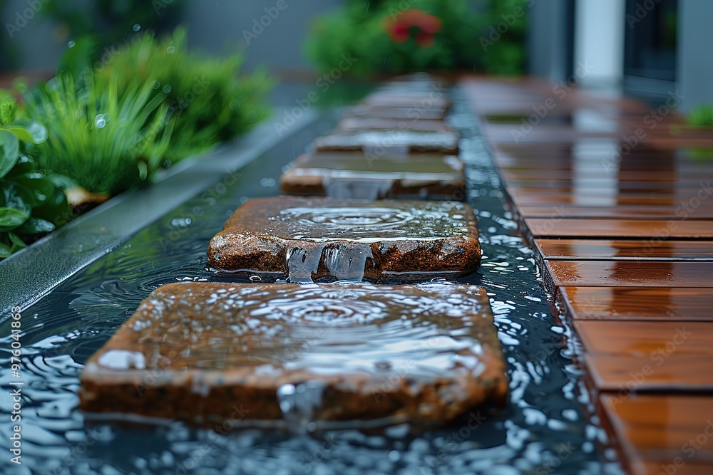 Poster a row of stone blocks with water flowing over them