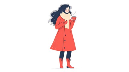 Cozy Winter Vibes - Hand-Drawn Illustration of Girl in Red Coat with Hot Cocoa and Winter Boots on White Background