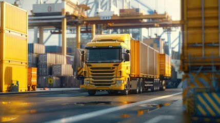 Naklejka premium A large yellow truck transports shipping containers through a busy industrial port, surrounded by stacks of containers and cranes. The scene highlights logistics and global trade.