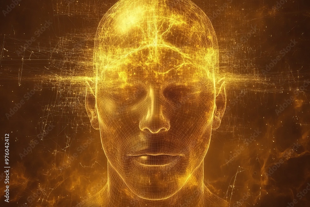 Poster glowing abstract profile of a human face symbolizing the integration of thought technology and perso