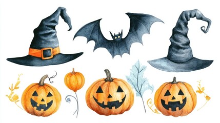 Watercolor illustration of Halloween elements, including pumpkins, witch hats, and bats, perfect for seasonal decorations, invitations, or crafts.