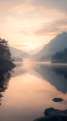 Tranquil Sunrise Over Misty Lake with Soft Reflections and Mountain View - Calming Phone Wallpaper
