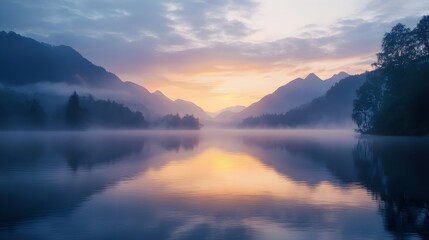 Obraz premium Misty Morning Sunrise Over Calm Mountain Lake with Gentle Reflections