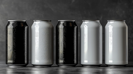 Five aluminum beverage cans, two black, two white, and one silver, are arranged in a row on a grey background.