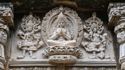 A serene Buddha statue sits in meditation, surrounded by a detailed bronze halo, set against a textured teal and gold background.